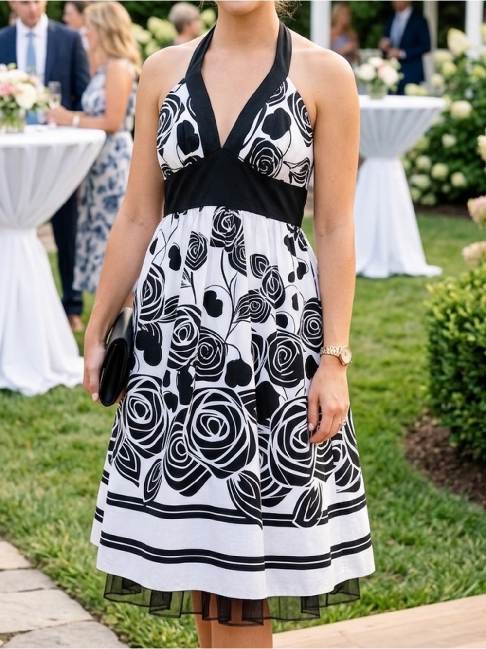 Chic Black and White Floral Halter Midi Dress - Picture 1 of 9